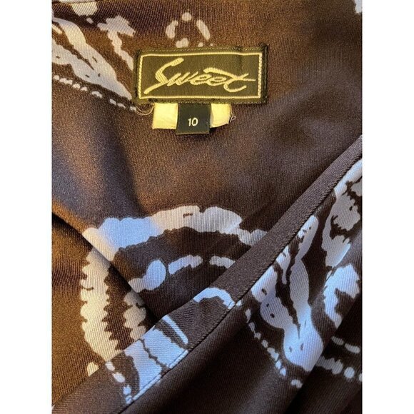 Sweet 10 Brown-Blue Print V-Neck Twisted Waist Cap Sleeve Below Knee Dress - Picture 5 of 5